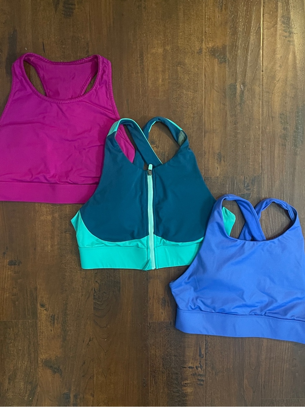 Fabletics Sports Bra Trio - Fuchsia, Teal/Mint, Periwinkle Blue